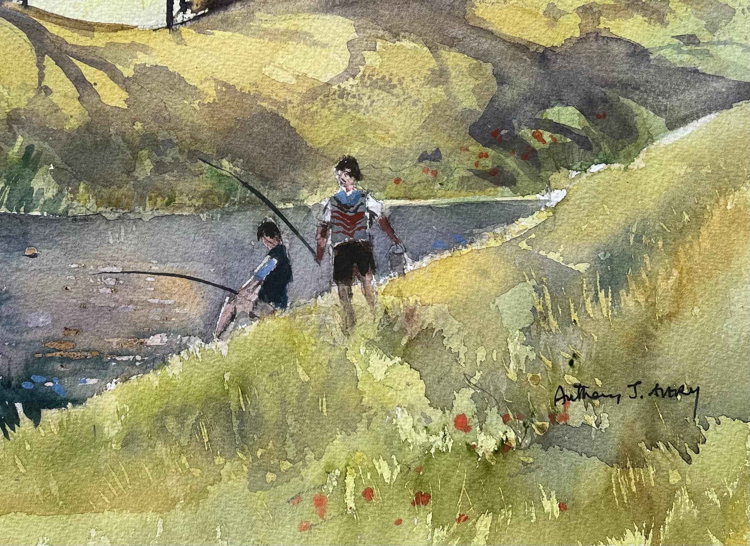 Britisches impressionistisches Aquarell mit Fluss-Szene mit Kindern beim Fischen (Impressionismus), Painting, von Anthony Avery