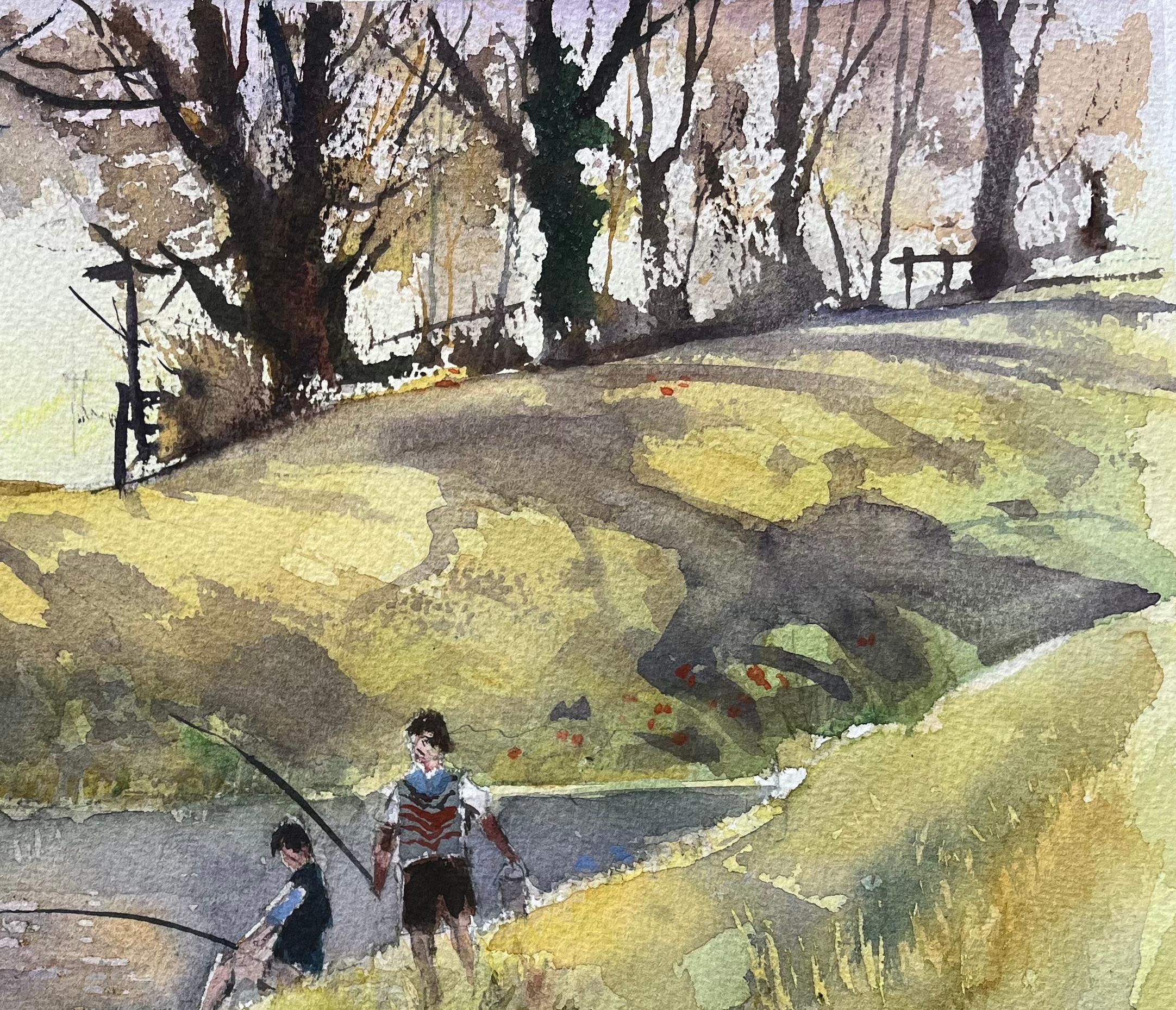 Britisches impressionistisches Aquarell mit Fluss-Szene mit Kindern beim Fischen (Braun), Landscape Painting, von Anthony Avery