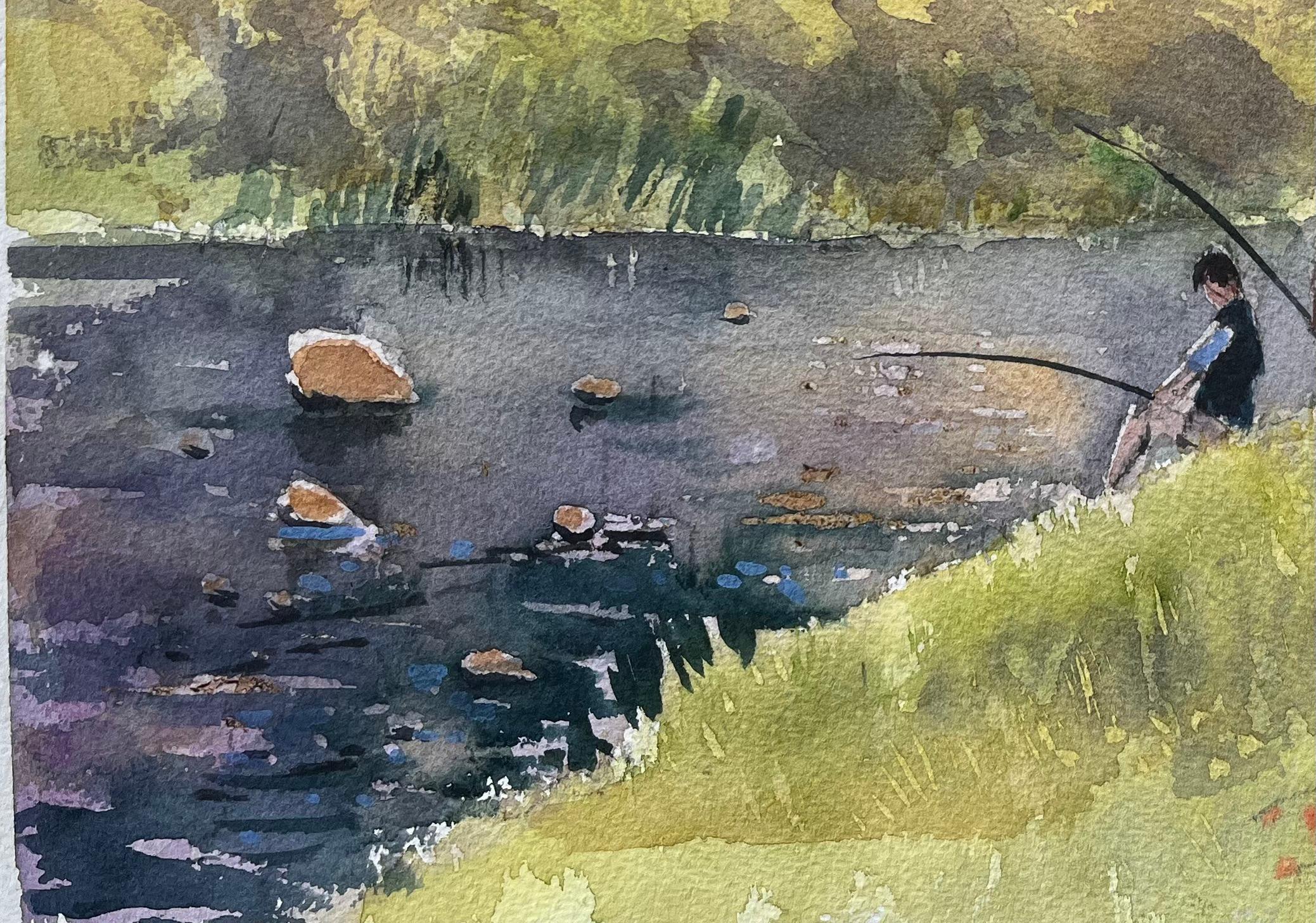 Britisches impressionistisches Aquarell mit Fluss-Szene mit Kindern beim Fischen im Angebot 1