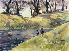 Britisches impressionistisches Aquarell mit Fluss-Szene mit Kindern beim Fischen