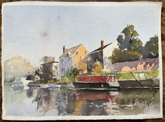 Britisches impressionistisches Aquarell einer Flussufersszene mit rotem schmalem Boot