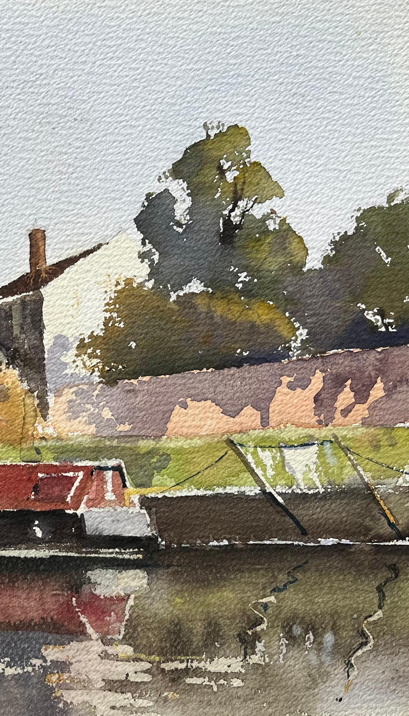 Aquarelle impressionniste britannique d'une scène de rivière avec un bateau rouge étroit - Impressionnisme Painting par Anthony Avery