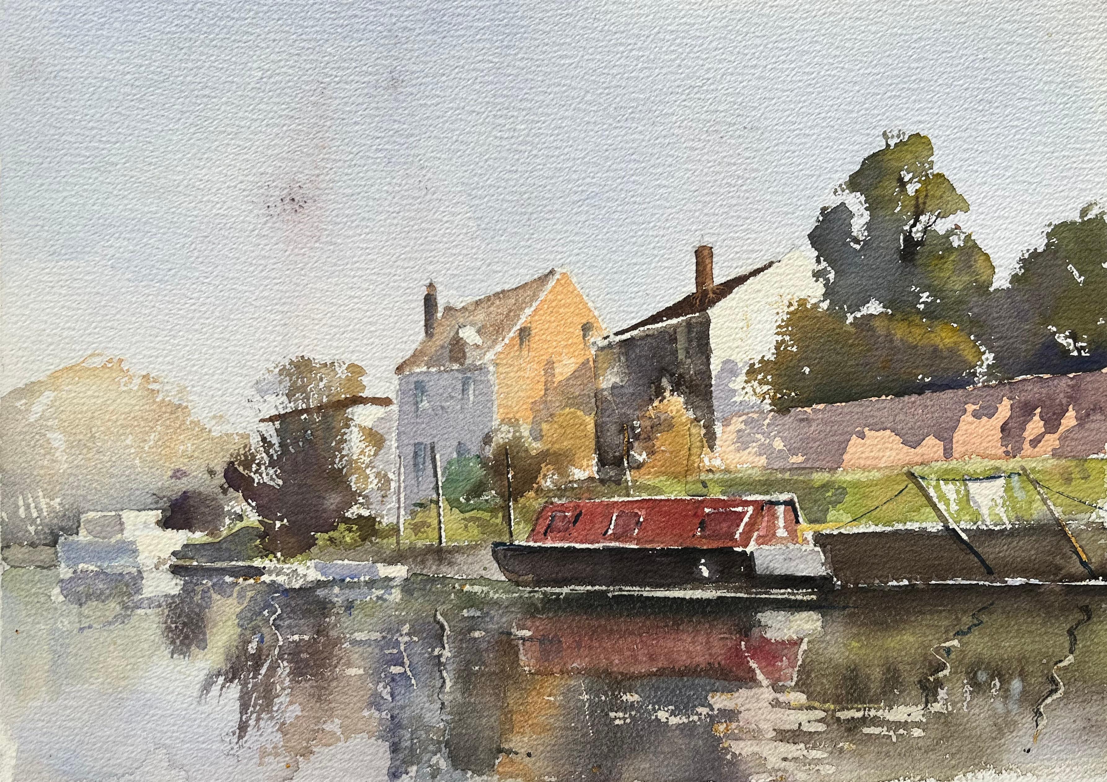 Landscape Painting Anthony Avery - Aquarelle impressionniste britannique d'une scène de rivière avec un bateau rouge étroit