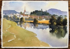 British Impressionist Watercolor of Riverside Town and Church with Reflections