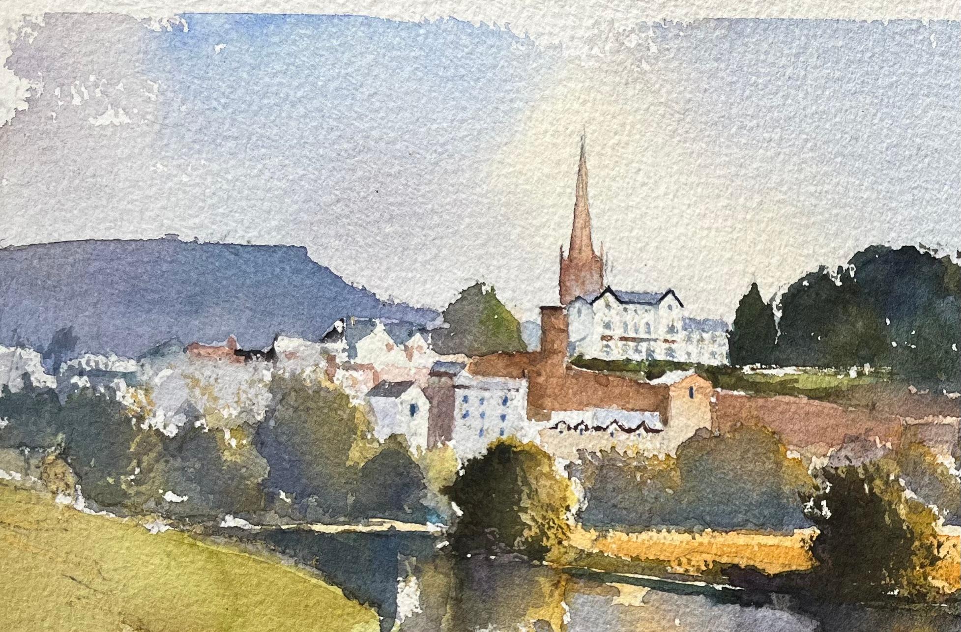 British Impressionist Watercolor of Riverside Town and Church with Reflections - Brown Landscape Painting by Anthony Avery