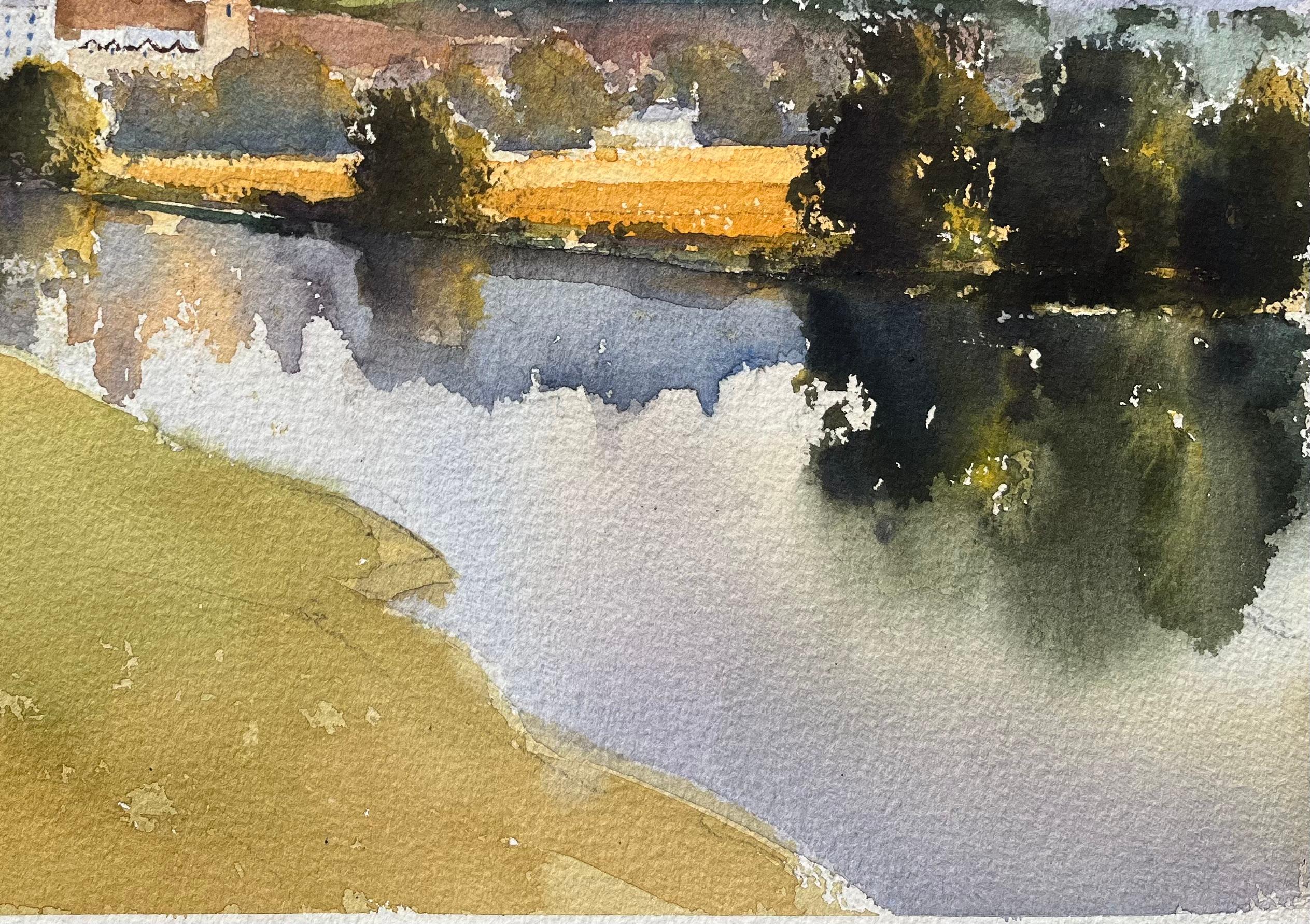 British Impressionist Watercolor of Riverside Town and Church with Reflections For Sale 1