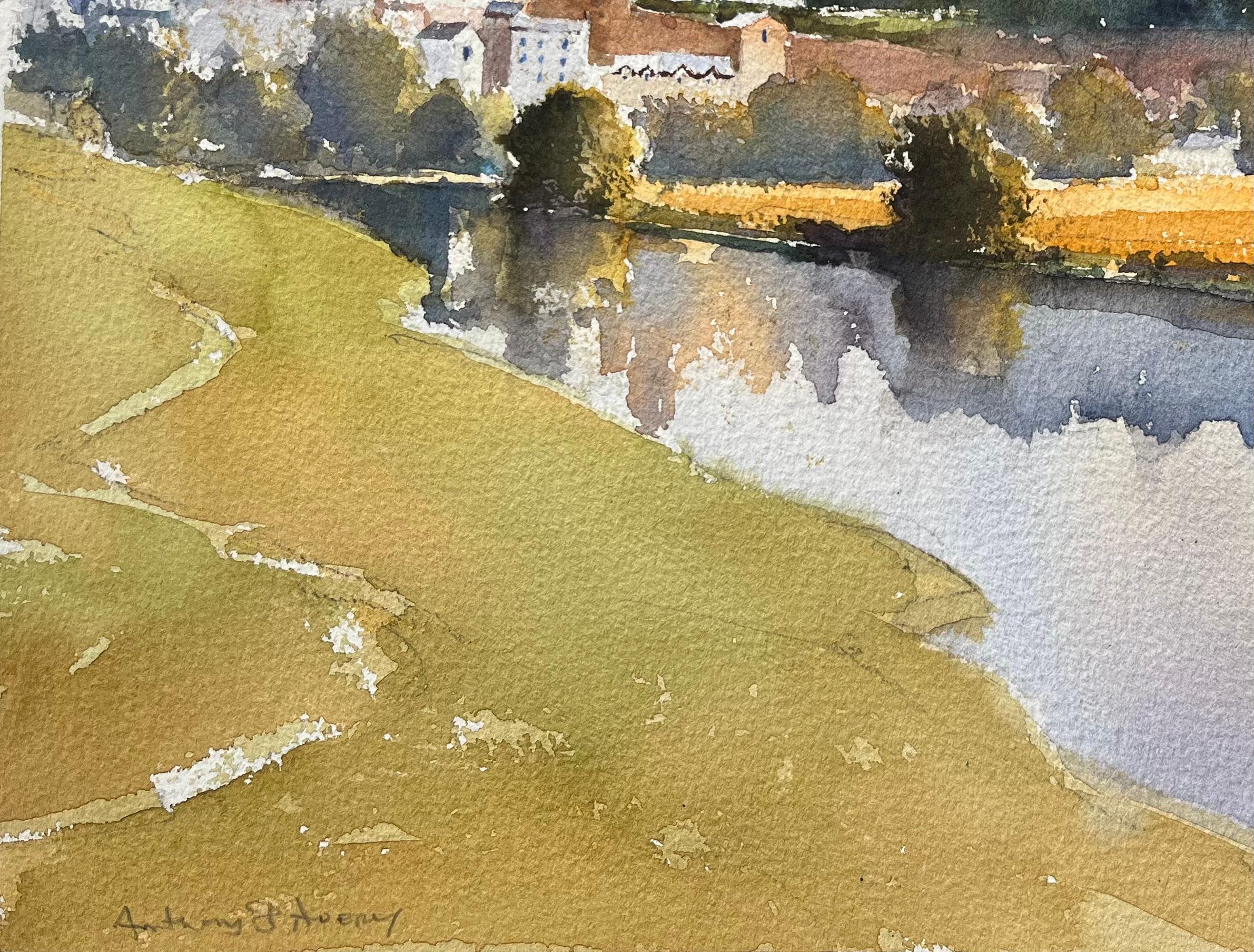 British Impressionist Watercolor of Riverside Town and Church with Reflections For Sale 2