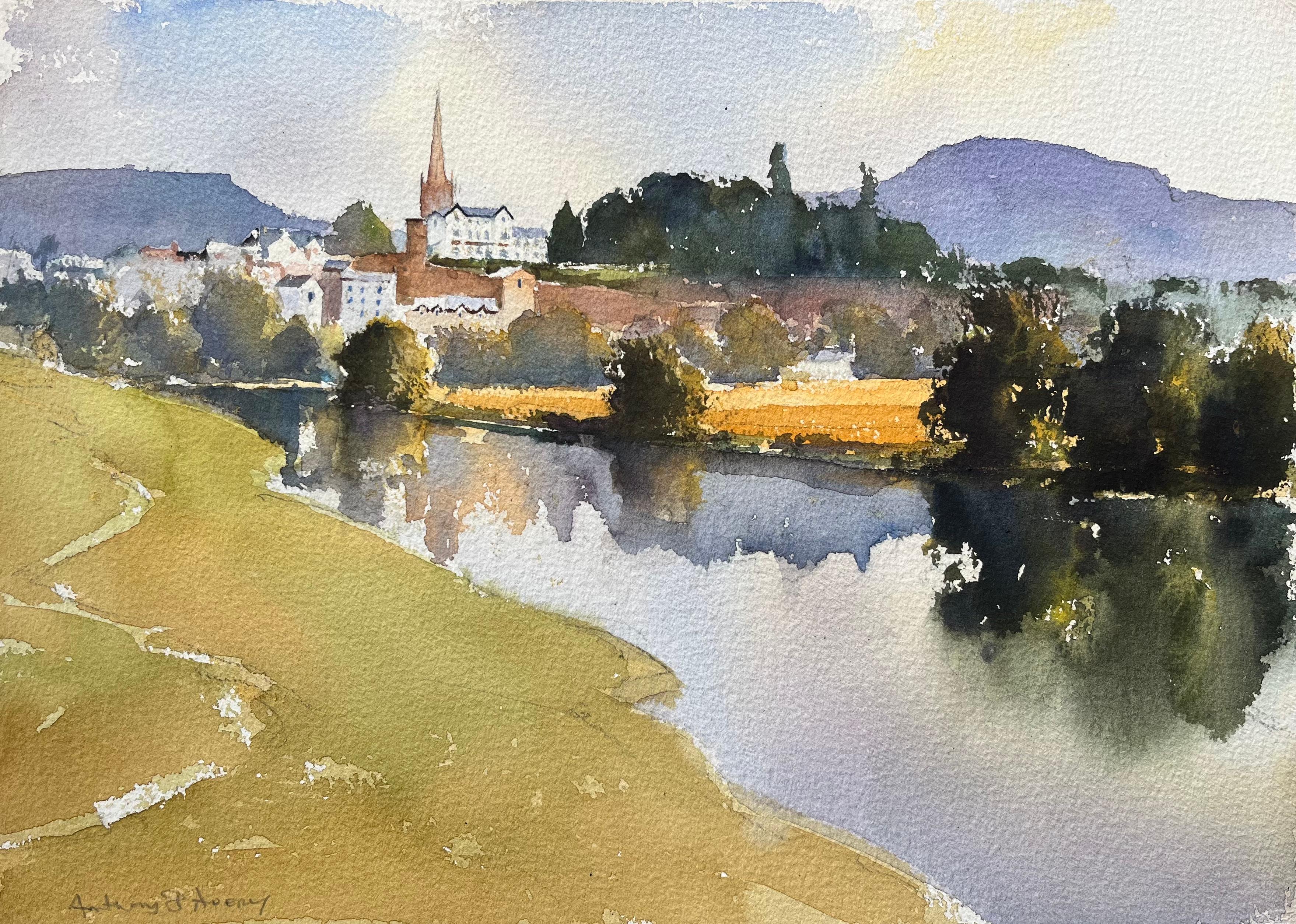 Anthony Avery Landscape Painting - British Impressionist Watercolor of Riverside Town and Church with Reflections