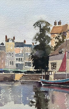 Britisches impressionistisches Aquarell einer Flussuferstadt mit Booten und Marktständern, British Impressionismus
