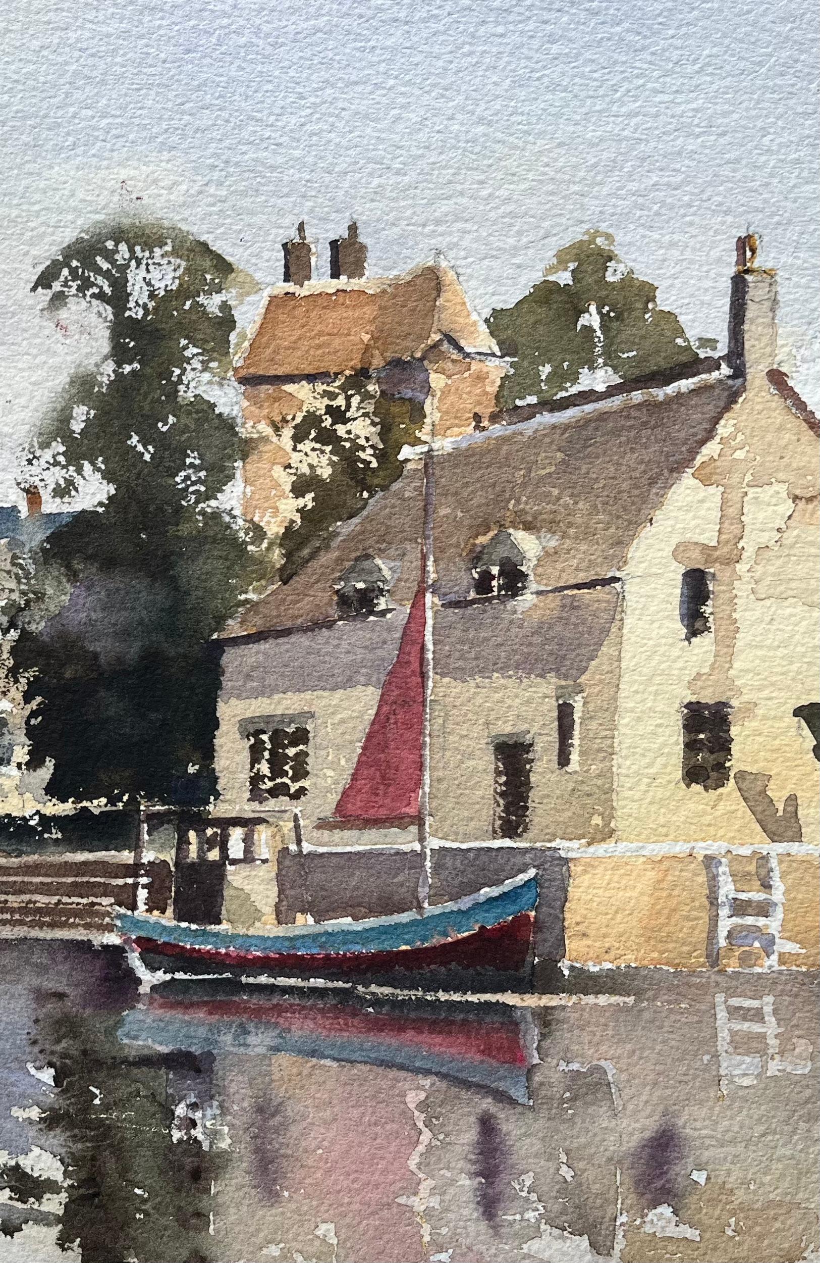 Titel: Britischer Impressionist Aquarell einer Townes am Fluss mit Booten und Marktständen
von Anthony Avery (Brite 1946-2023)
Original-Aquarell auf Künstlerpapier, ungerahmt
Abmessungen: 11,25 x 15 Zoll (Höhe x Breite)
Zustand: Gut, mit leichten