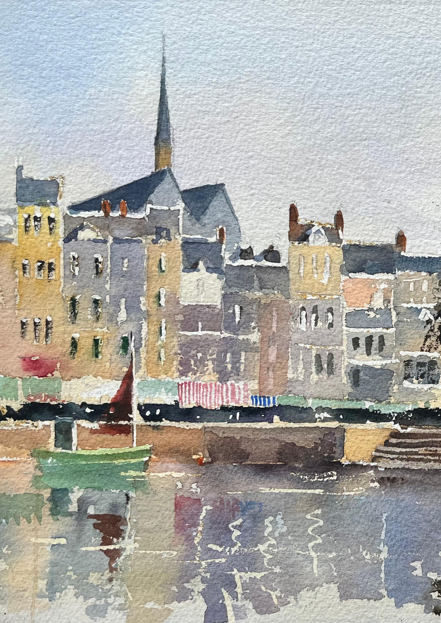 Britisches impressionistisches Aquarell einer Flussuferstadt mit Booten und Marktständern, British Impressionismus im Angebot 1