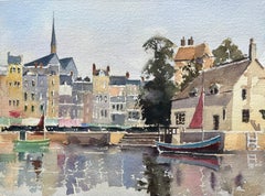 British Impressionist Watercolor of Riverside Town with Boats and Market Stalls
