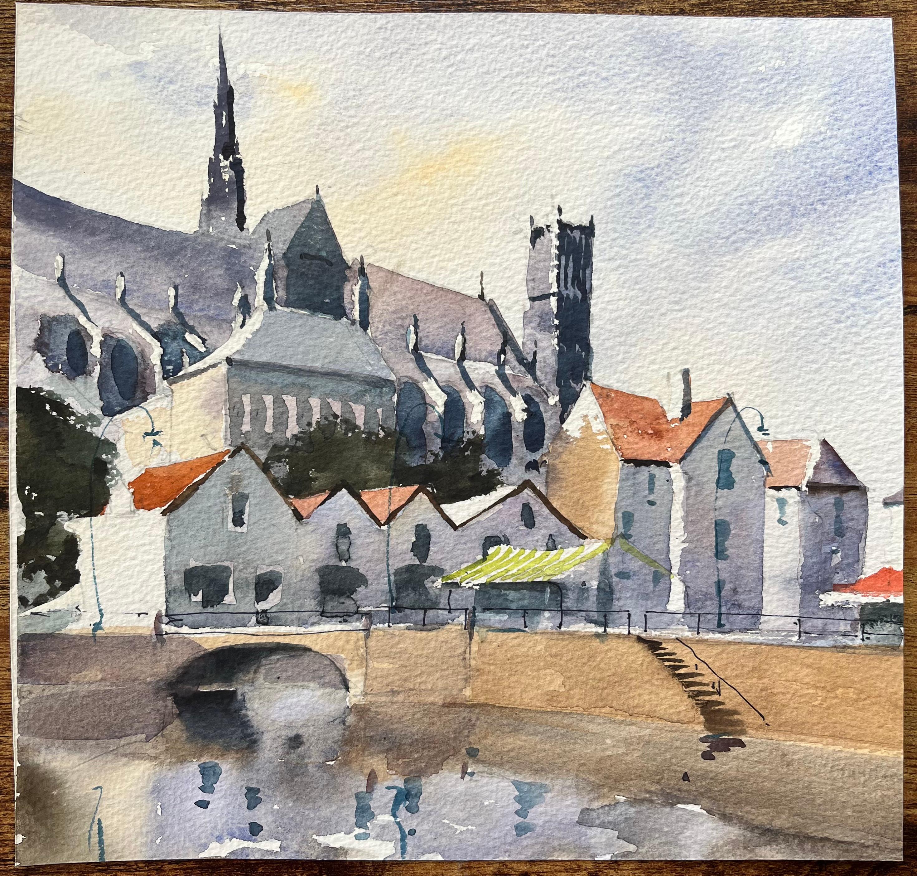 Britischer Impressionist Aquarell von Riverside Townes mit Kathedralentürmen – Painting von Anthony Avery