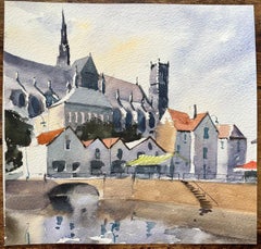 Britischer Impressionist Aquarell von Riverside Townes mit Kathedralentürmen