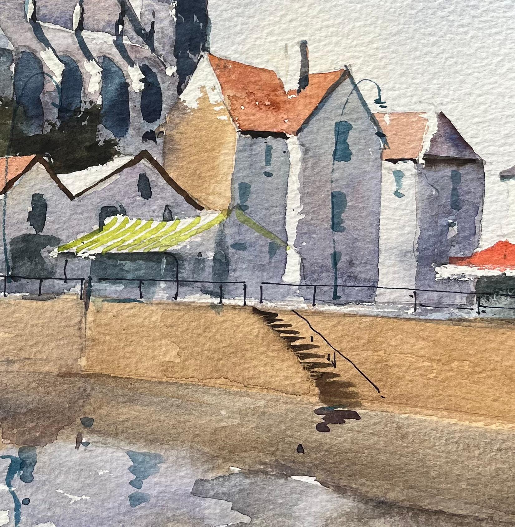 Britischer Impressionist Aquarell von Riverside Townes mit Kathedralentürmen (Impressionismus), Painting, von Anthony Avery