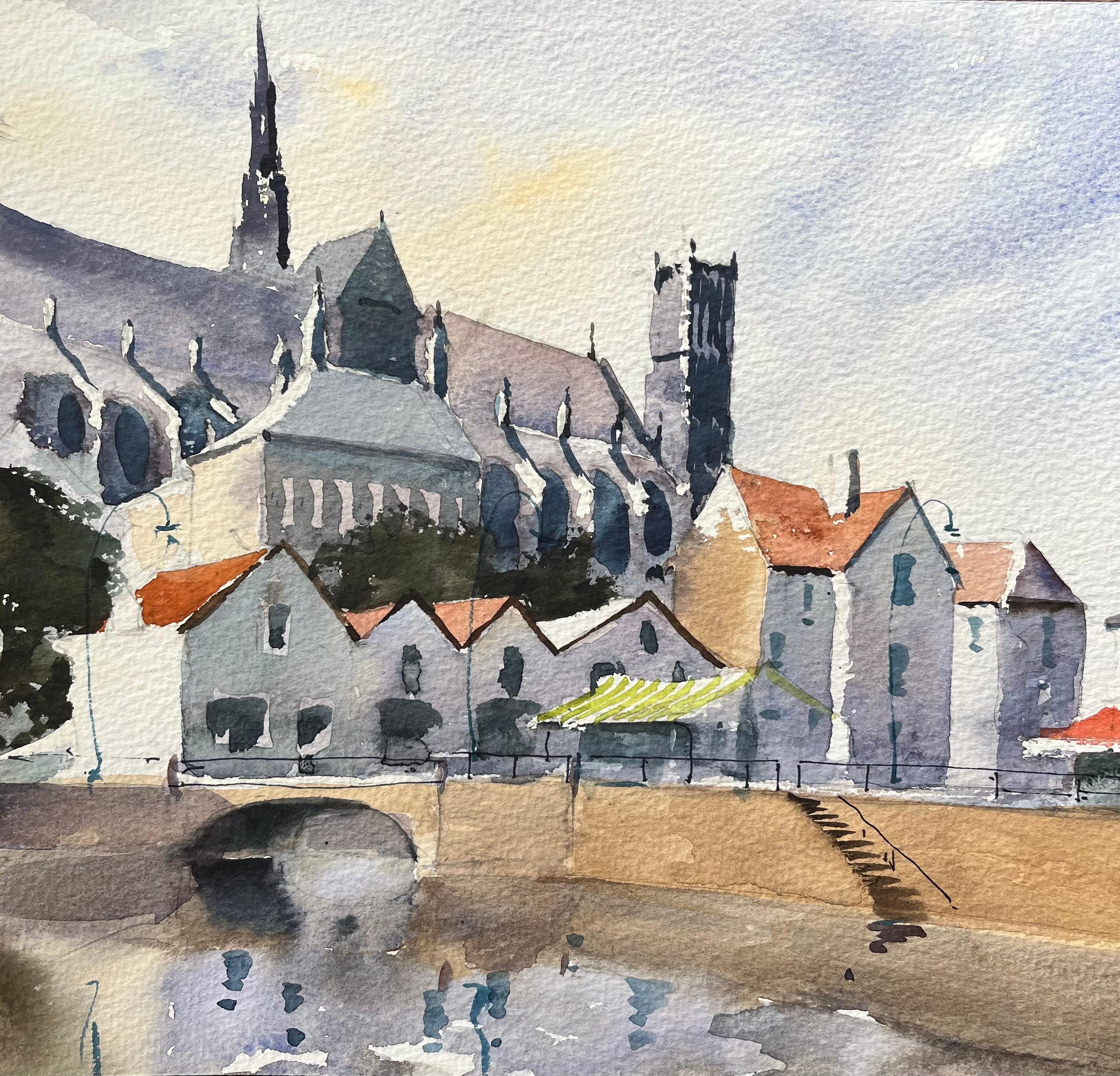 Britischer Impressionist Aquarell von Riverside Townes mit Kathedralentürmen