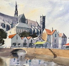 Britischer Impressionist Aquarell von Riverside Townes mit Kathedralentürmen