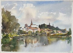 British Impressionist Watercolor of Riverside Town with Church Spire