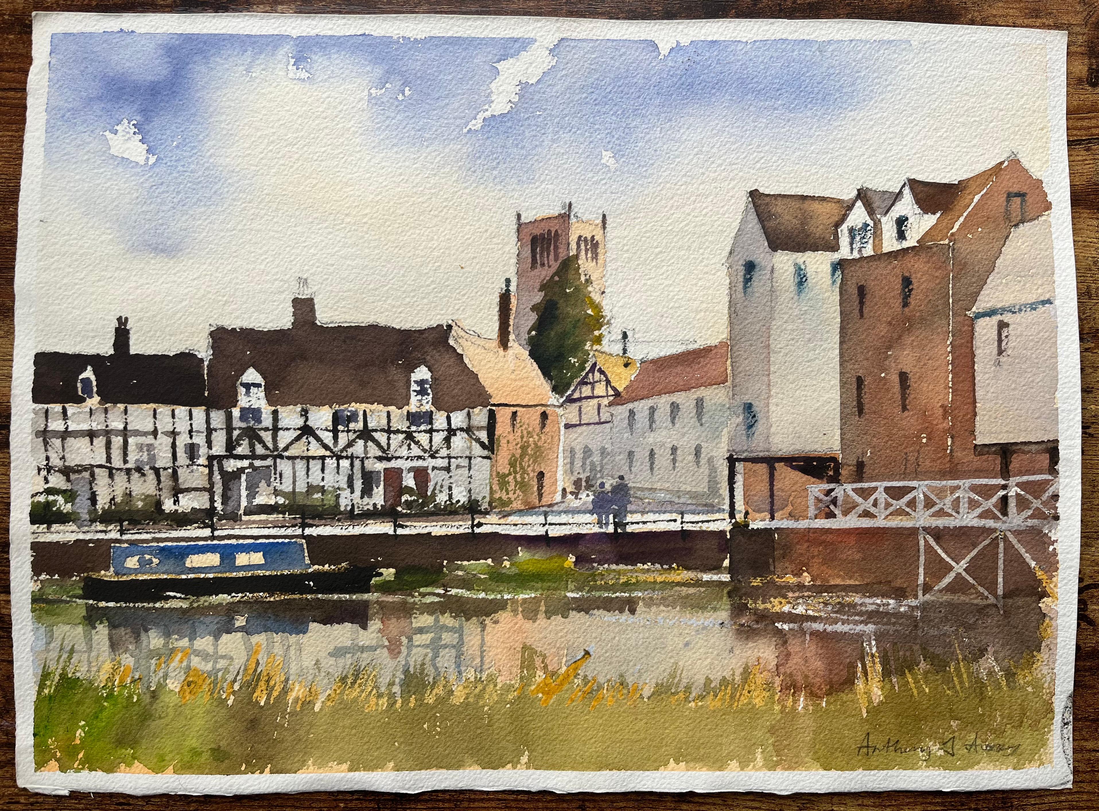Britischer Impressionist Aquarell von Riverside Stadtlandschaft mit Kirche und Kanal – Painting von Anthony Avery