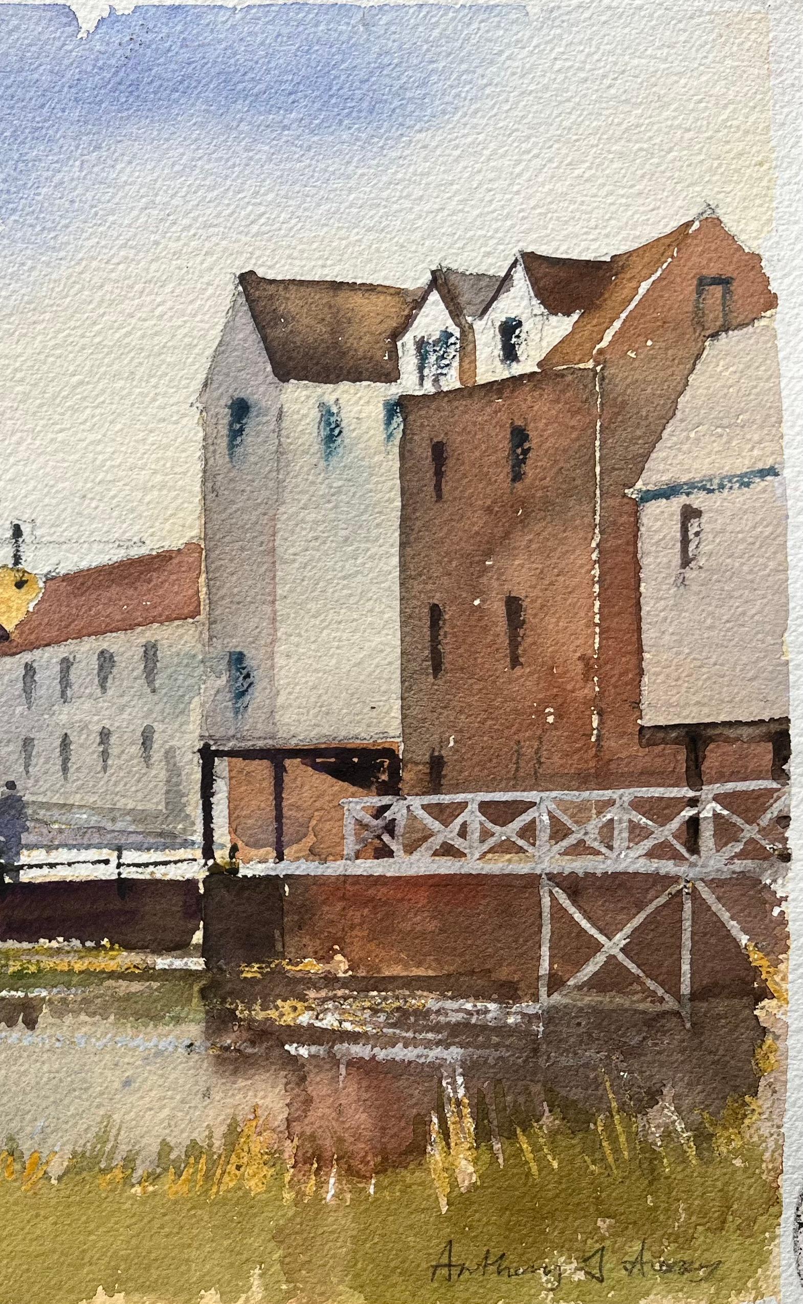 Britischer Impressionist Aquarell von Riverside Stadtlandschaft mit Kirche und Kanal (Impressionismus), Painting, von Anthony Avery