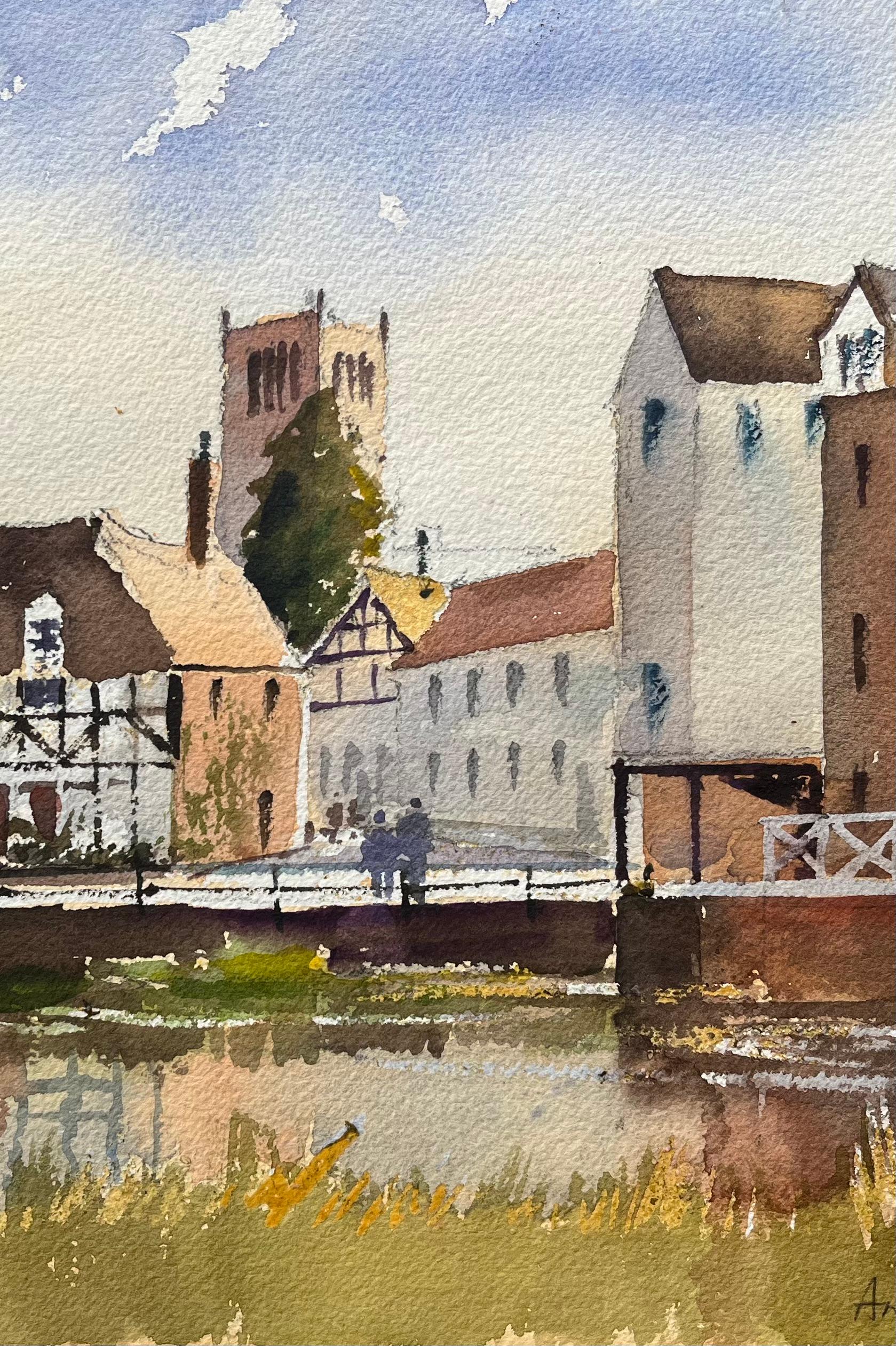 Britischer Impressionist Aquarell von Riverside Stadtlandschaft mit Kirche und Kanal (Braun), Landscape Painting, von Anthony Avery