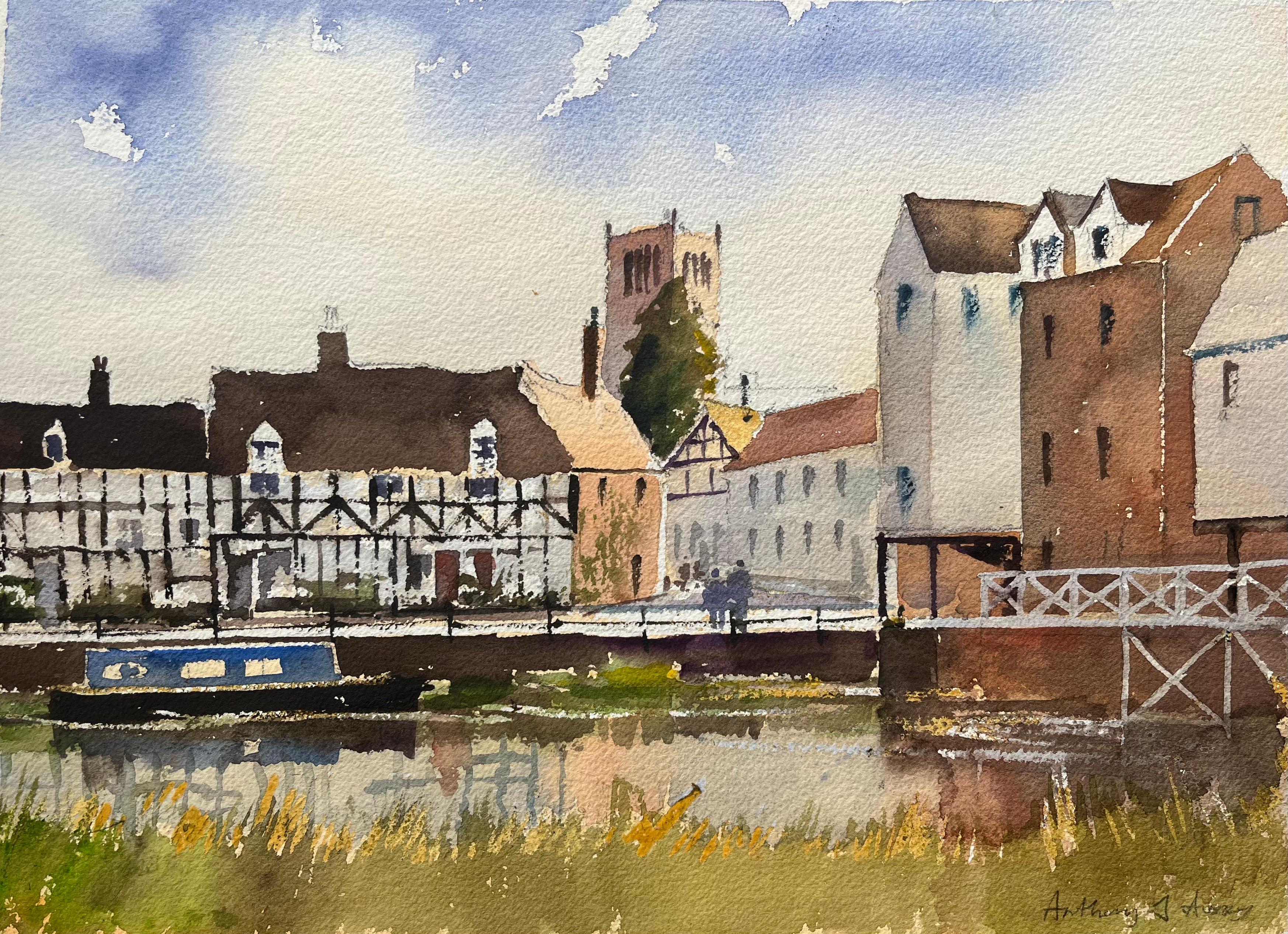 Britischer Impressionist Aquarell von Riverside Stadtlandschaft mit Kirche und Kanal