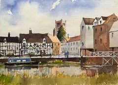 British Impressionist Watercolor of Riverside Townscape with Church and Canal