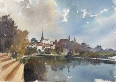 Britisches impressionistisches Aquarell einer Flusslandschaft mit Kirchenschleife, British Impressionismus
