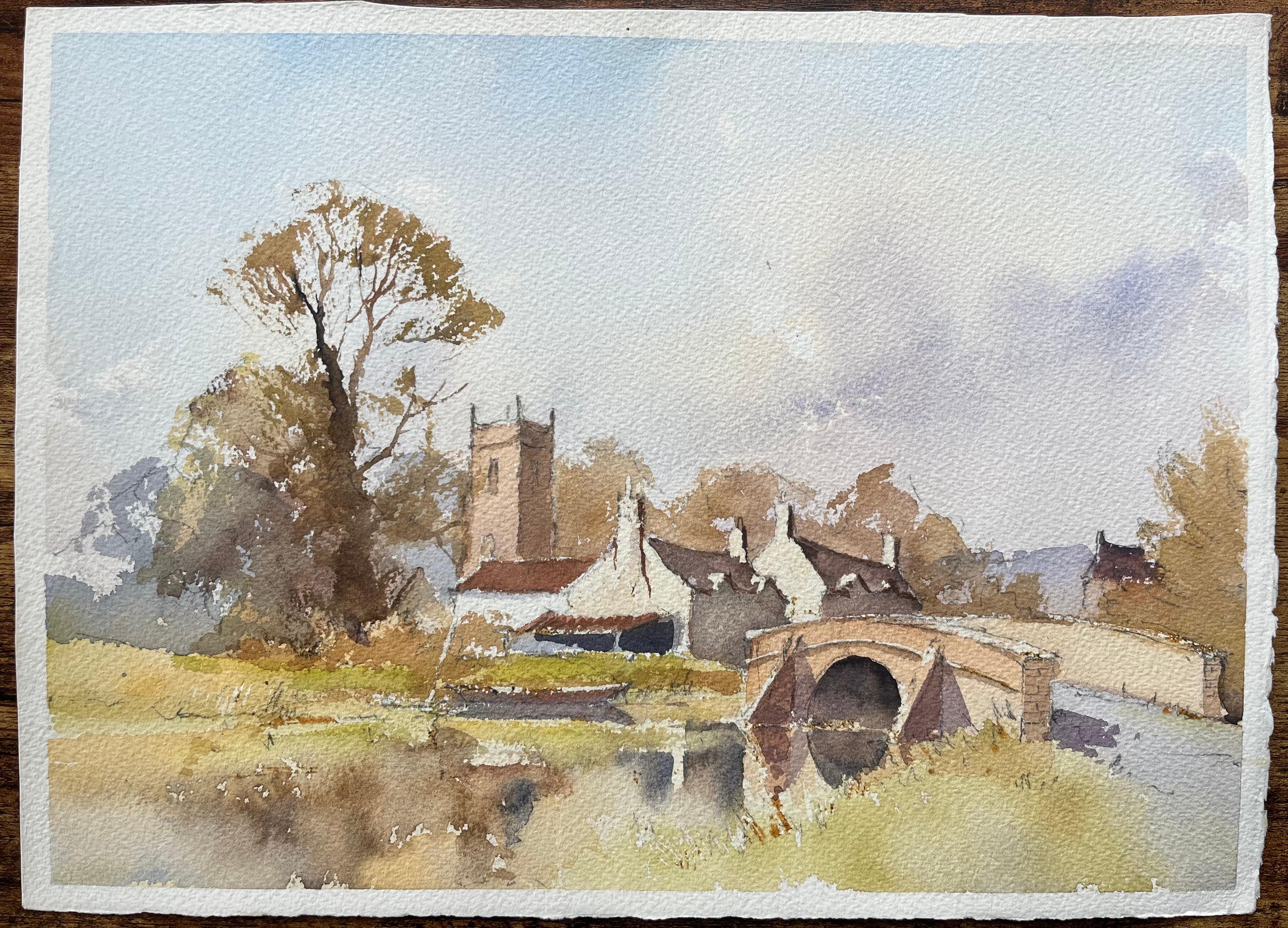 Britischer Impressionist Aquarell von Riverside Village Szene mit Kirche – Painting von Anthony Avery