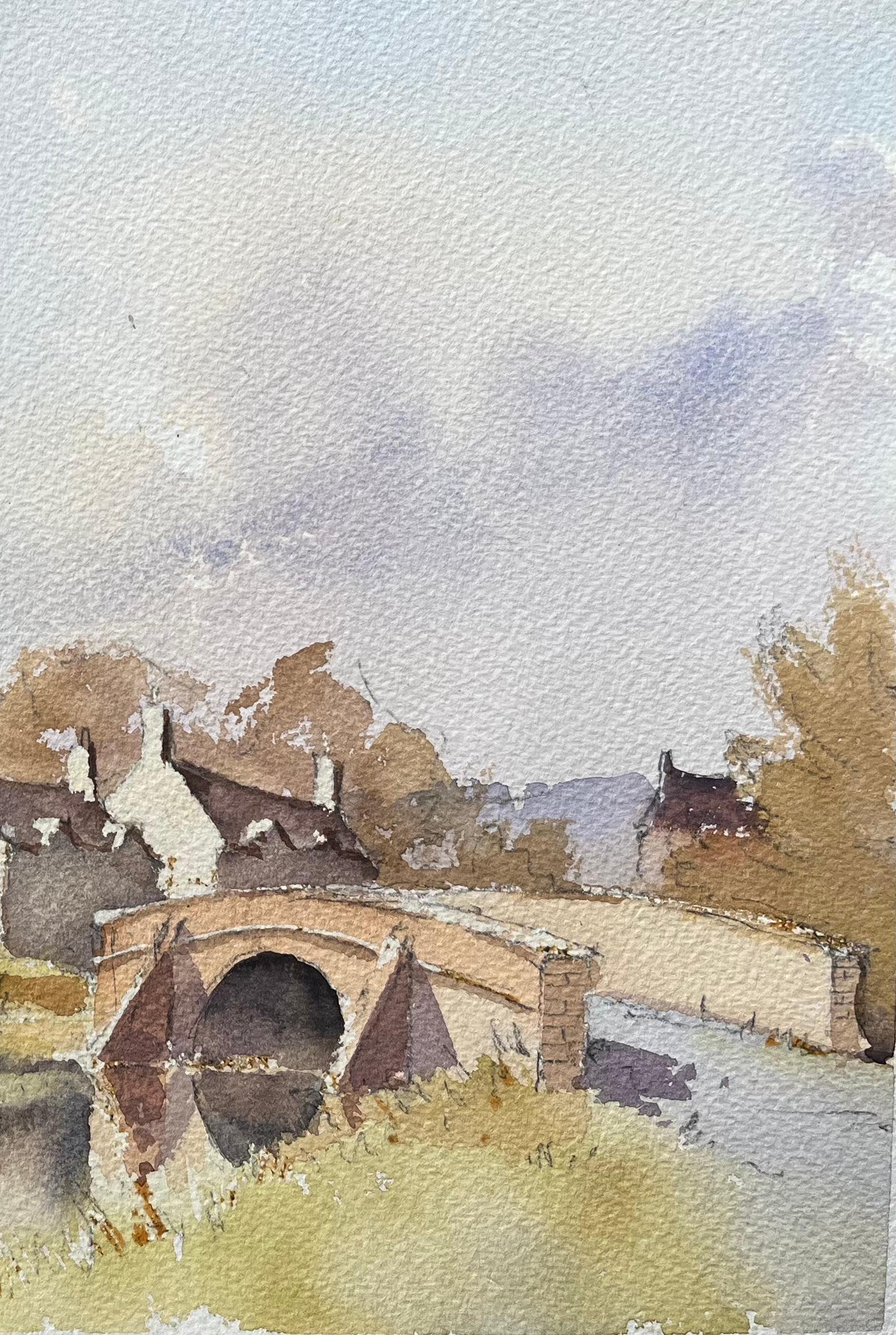 Britischer Impressionist Aquarell von Riverside Village Szene mit Kirche (Impressionismus), Painting, von Anthony Avery