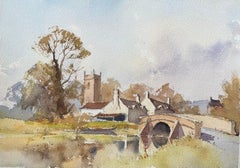 Aquarelle impressionniste britannique d'une scène de village en bord de rivière avec église