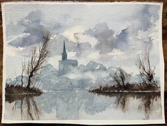 British Impressionist Watercolor of Riverside with Church Spire in Mist