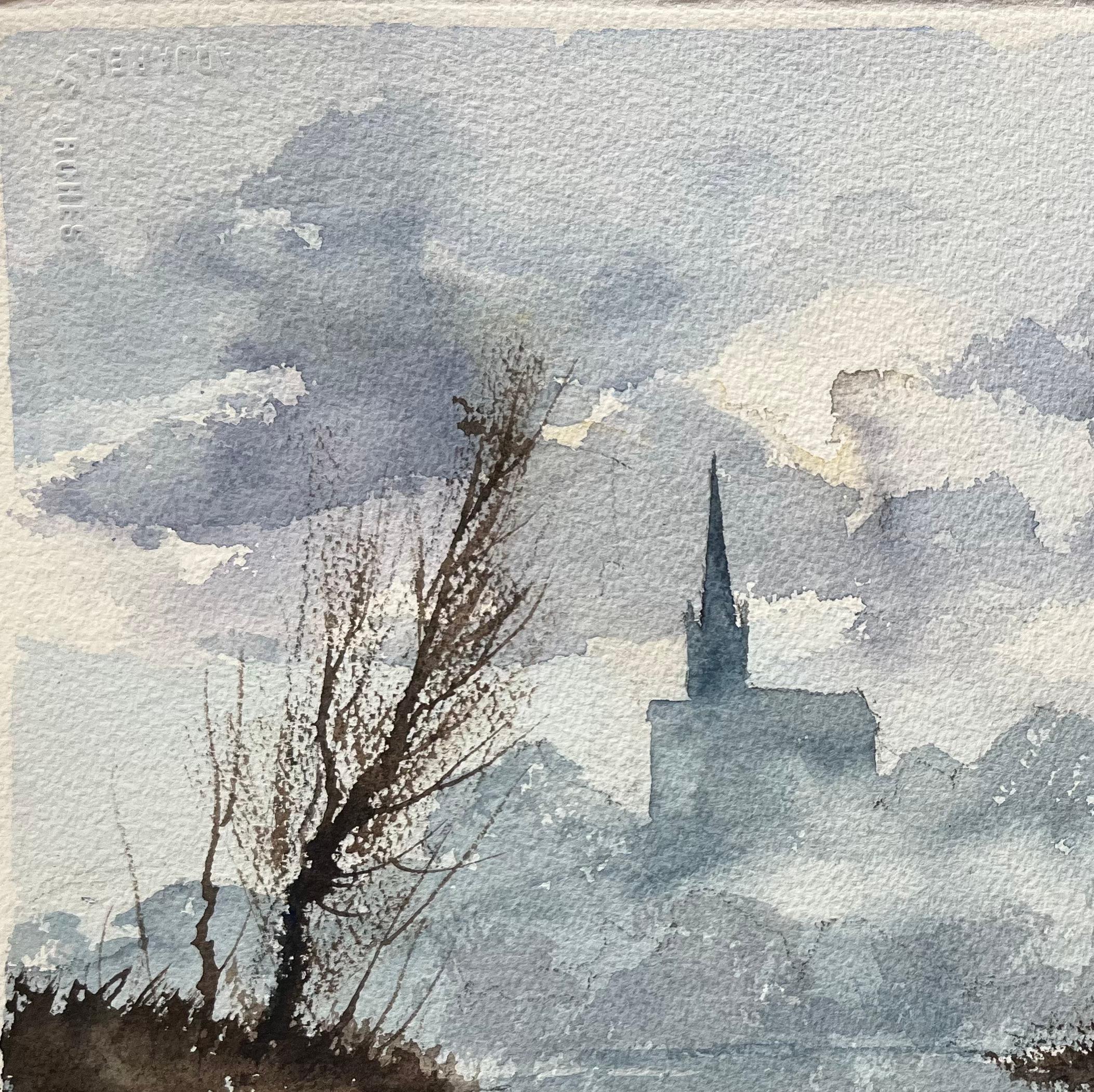 Acuarela impresionista británica de ribera con aguja de iglesia en la niebla - Painting Impresionista de Anthony Avery