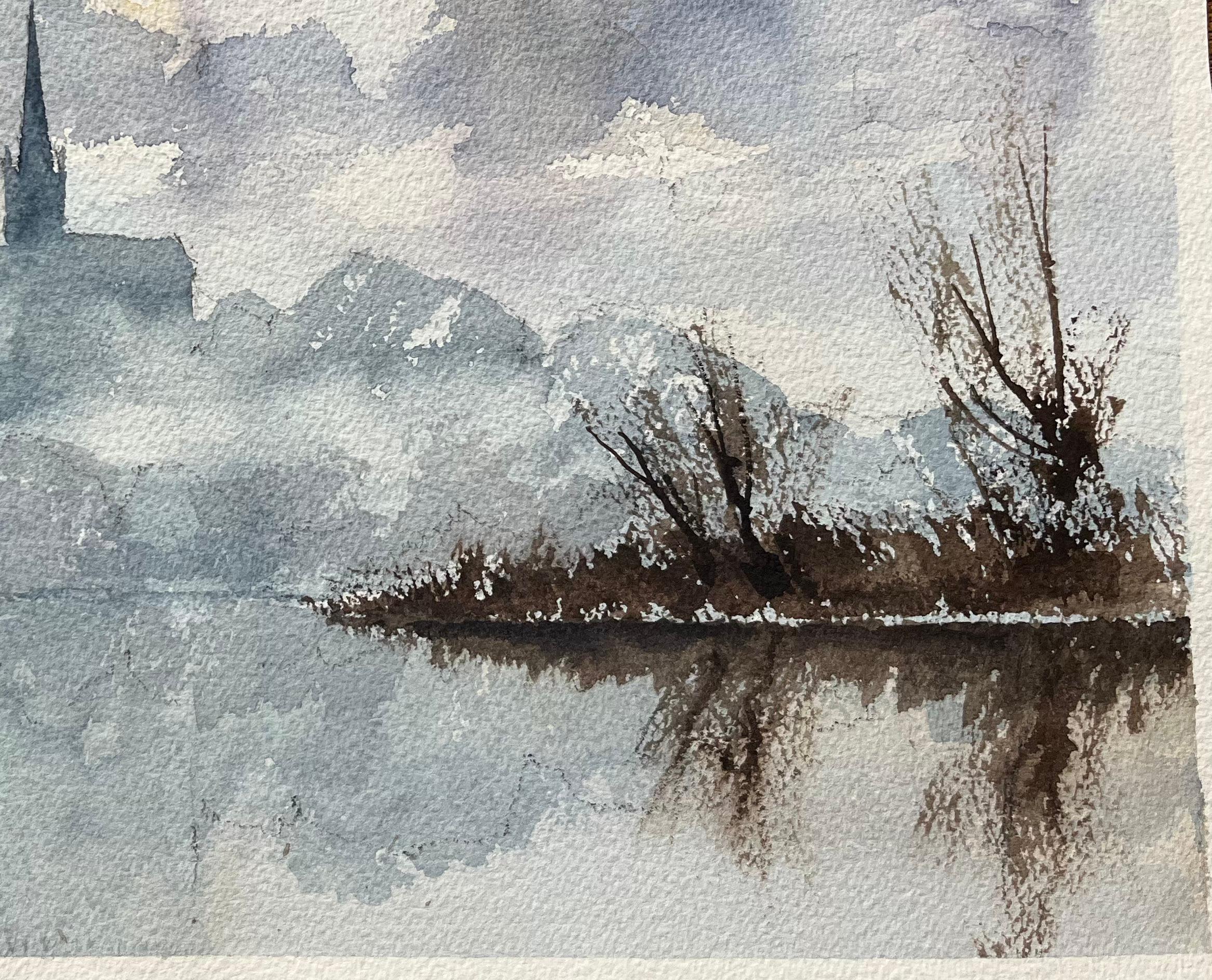 Título: Acuarela impresionista británica de ribera con aguja de iglesia en la niebla
Por Anthony Avery (británico 1946-2023)
Acuarela original sobre papel de artista, sin enmarcar
Dimensiones: 11,25 x 15 pulgadas (Alto x Ancho)
Estado: Bueno, con
