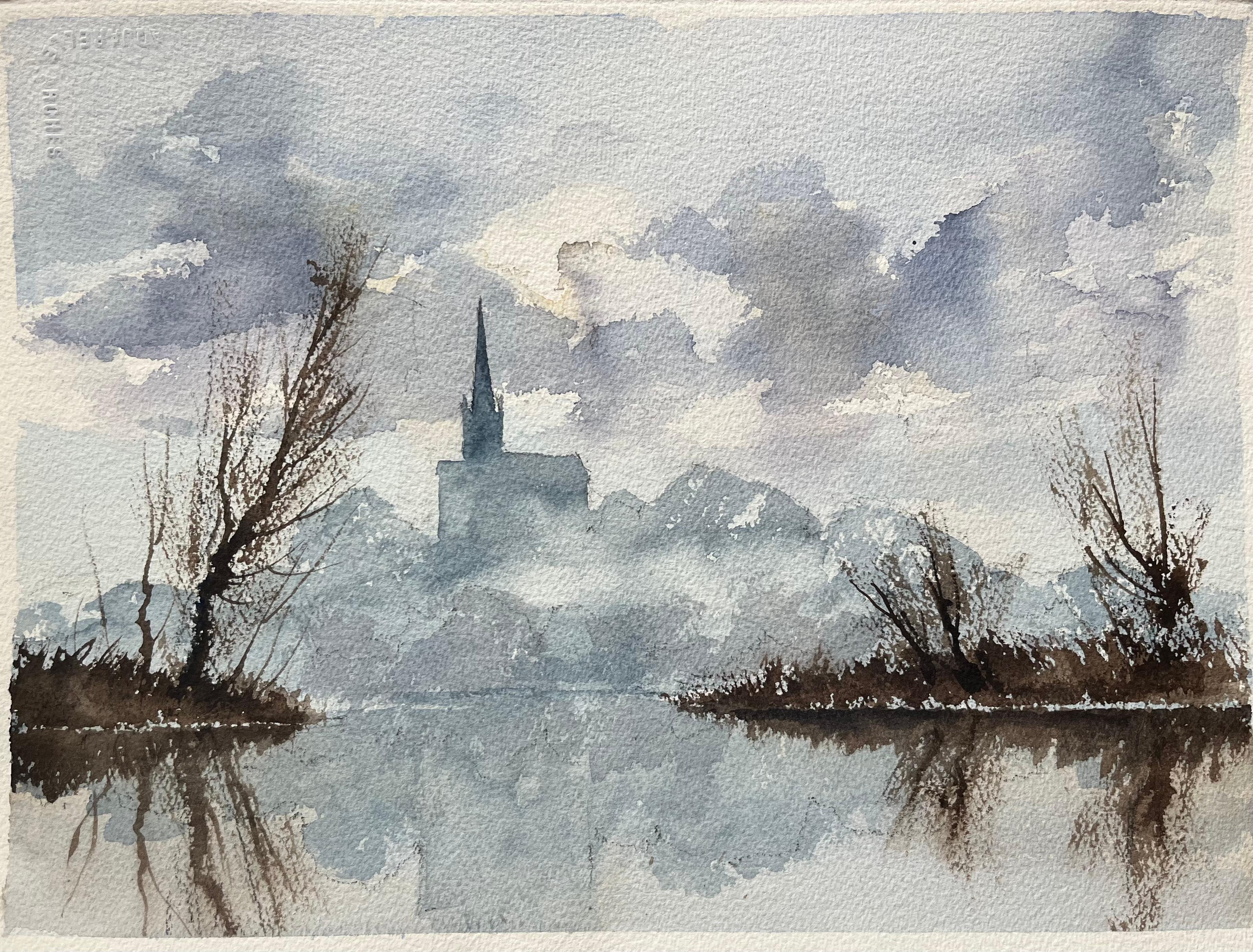 Landscape Painting de Anthony Avery - Acuarela impresionista británica de ribera con aguja de iglesia en la niebla