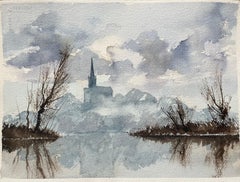 Britischer Impressionist Aquarell von Riverside mit Kirchturmspitze im Nebel