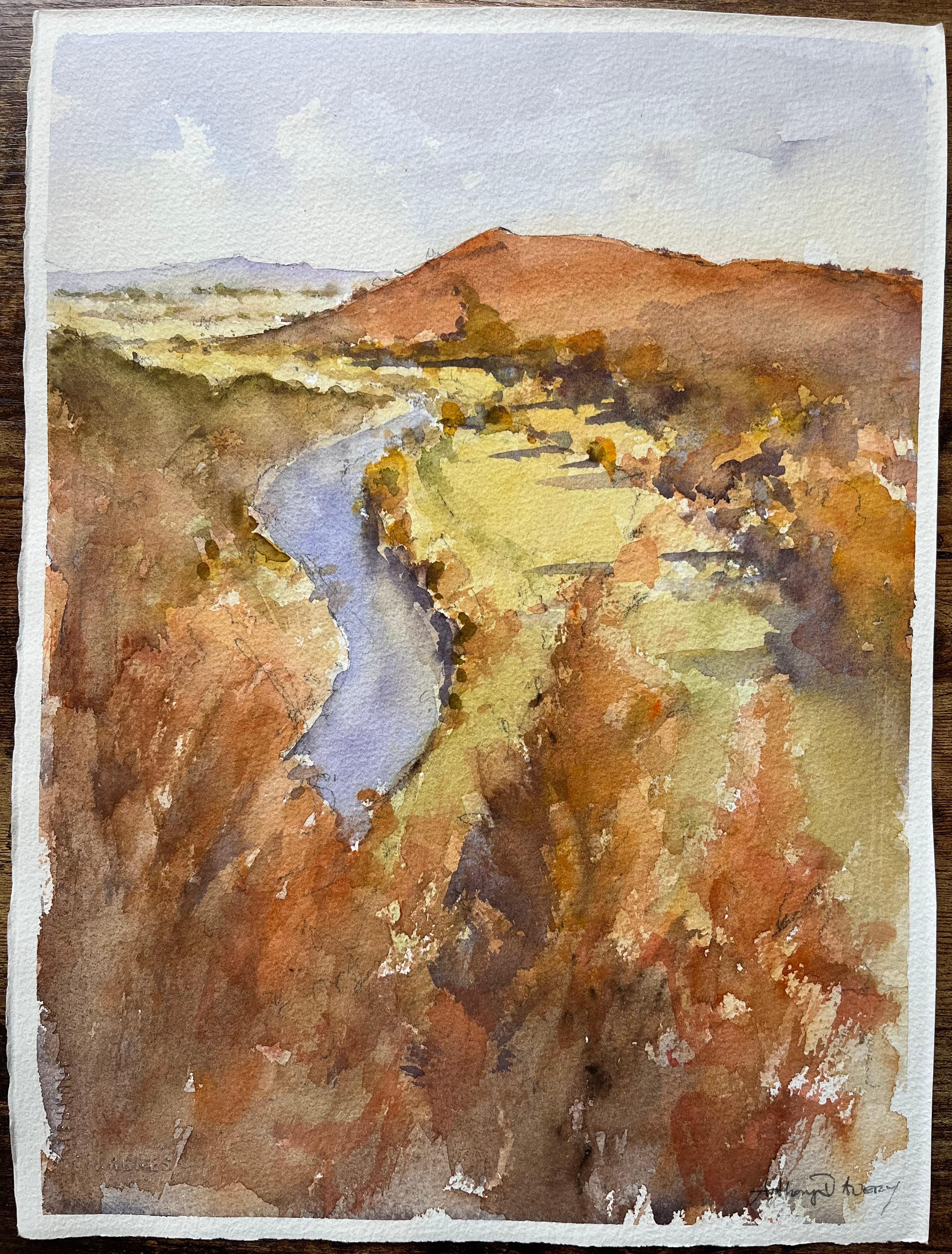 Aquarelle impressionniste britannique des Rolling Hills et de la vallée de la rivière à l'automne - Painting de Anthony Avery