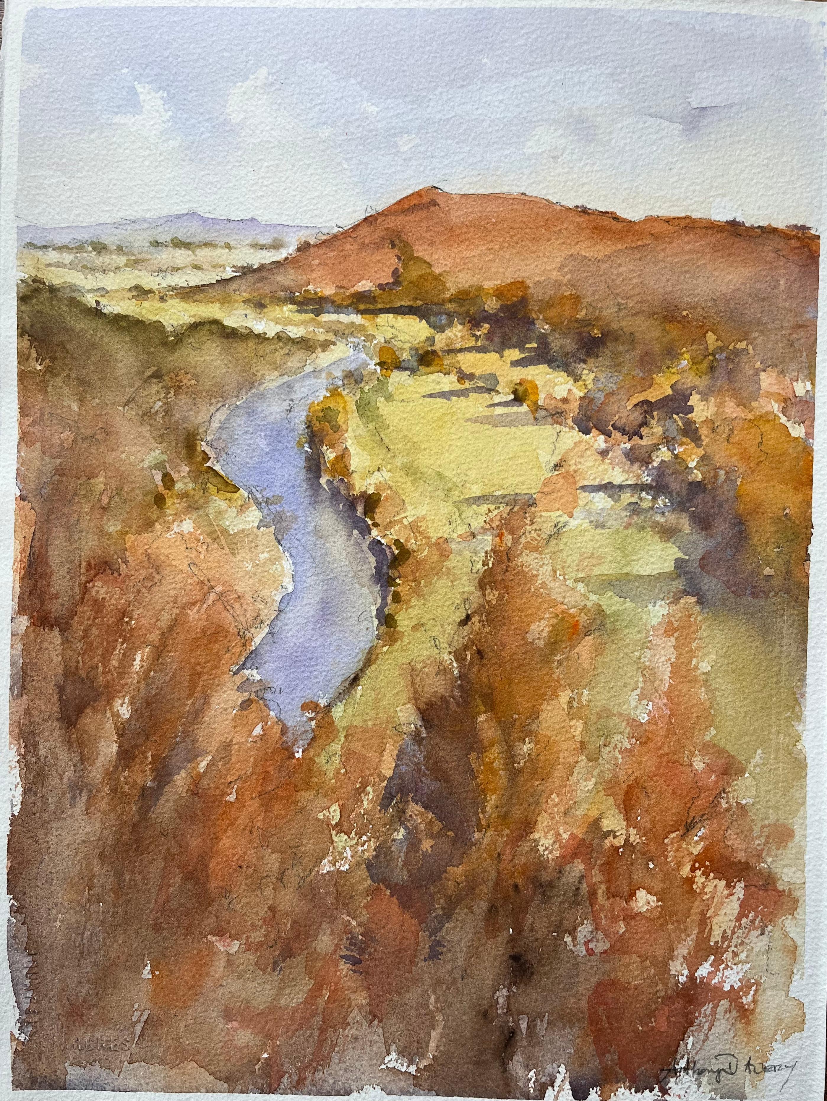 Acquerello impressionista britannico di Roll & Hill e la valle del fiume in autunno