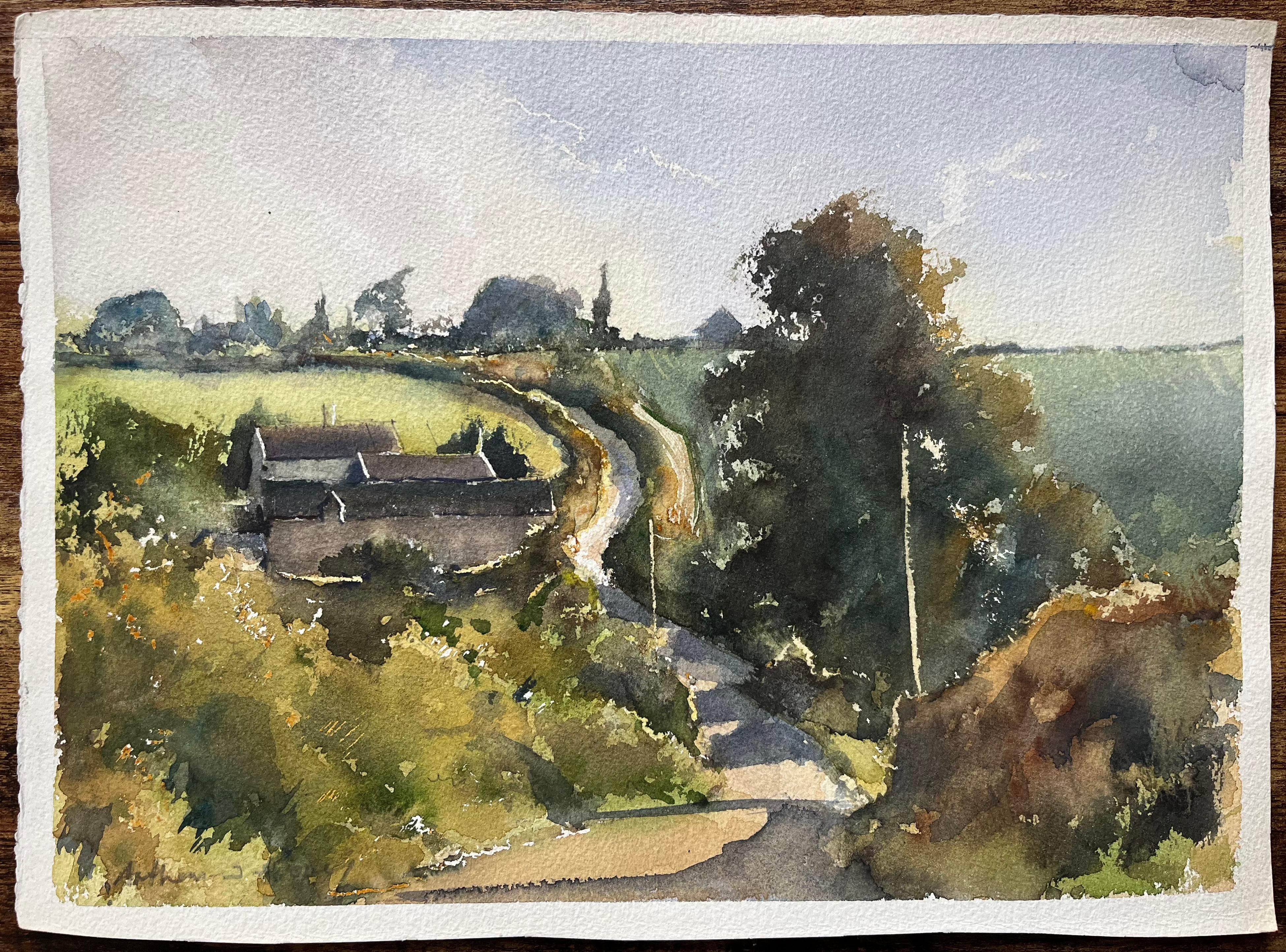 Britischer Impressionist Aquarell einer hügeligen Landschaft mit Weg und Häusern – Painting von Anthony Avery