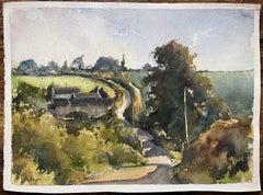 British Impressionist Watercolor of Rolling Landscape with Path and Cottages