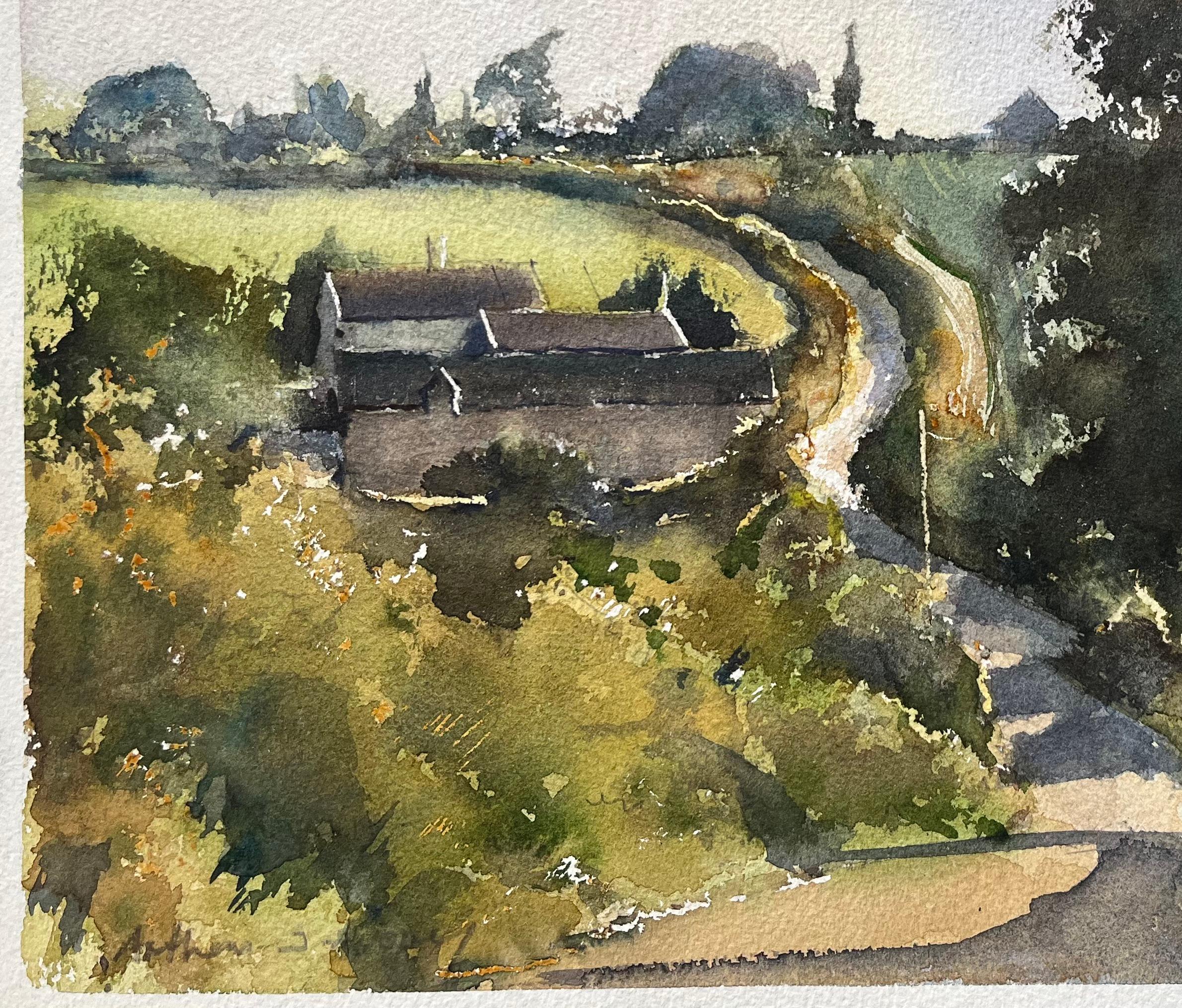 Britischer Impressionist Aquarell einer hügeligen Landschaft mit Weg und Häusern (Impressionismus), Painting, von Anthony Avery