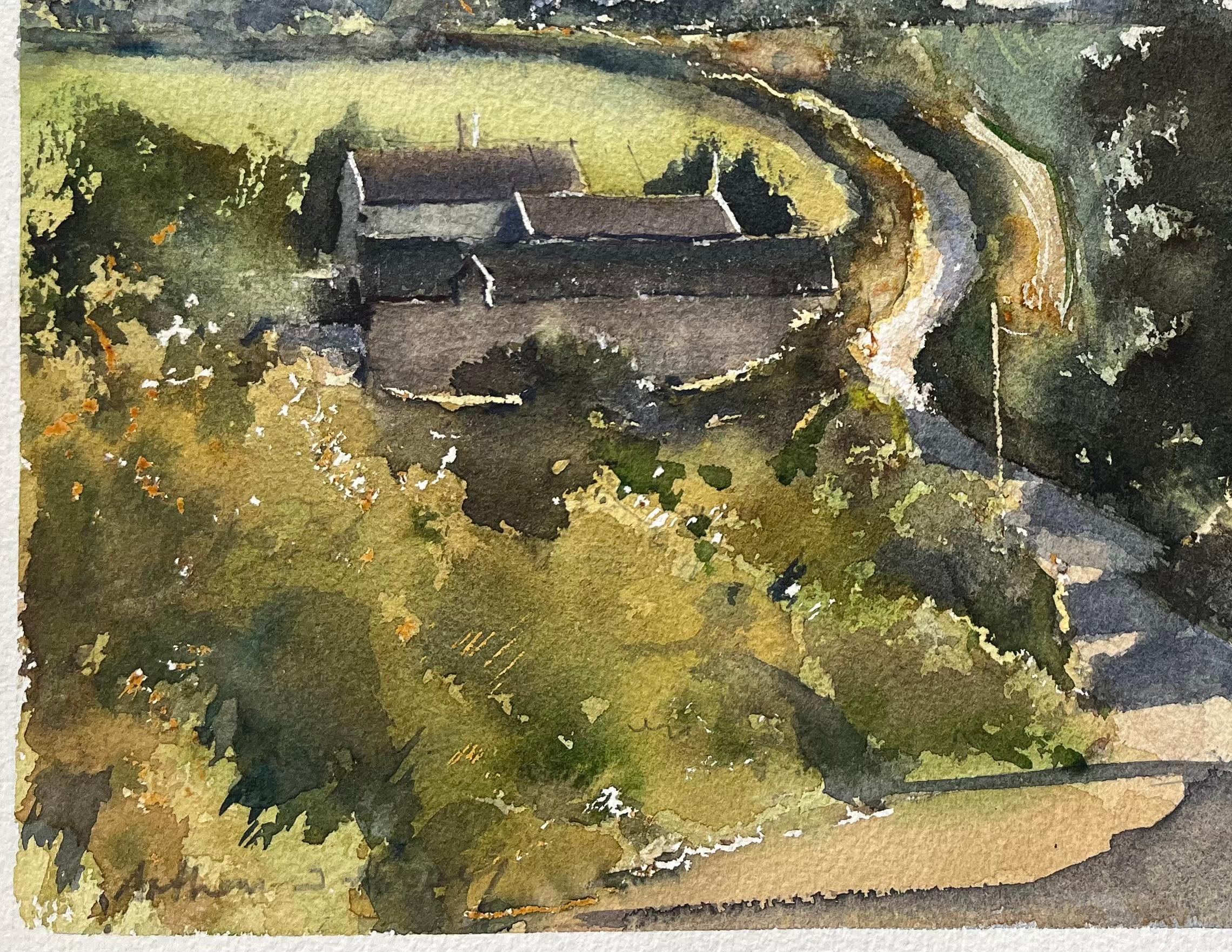 Britischer Impressionist Aquarell einer hügeligen Landschaft mit Weg und Häusern (Braun), Landscape Painting, von Anthony Avery