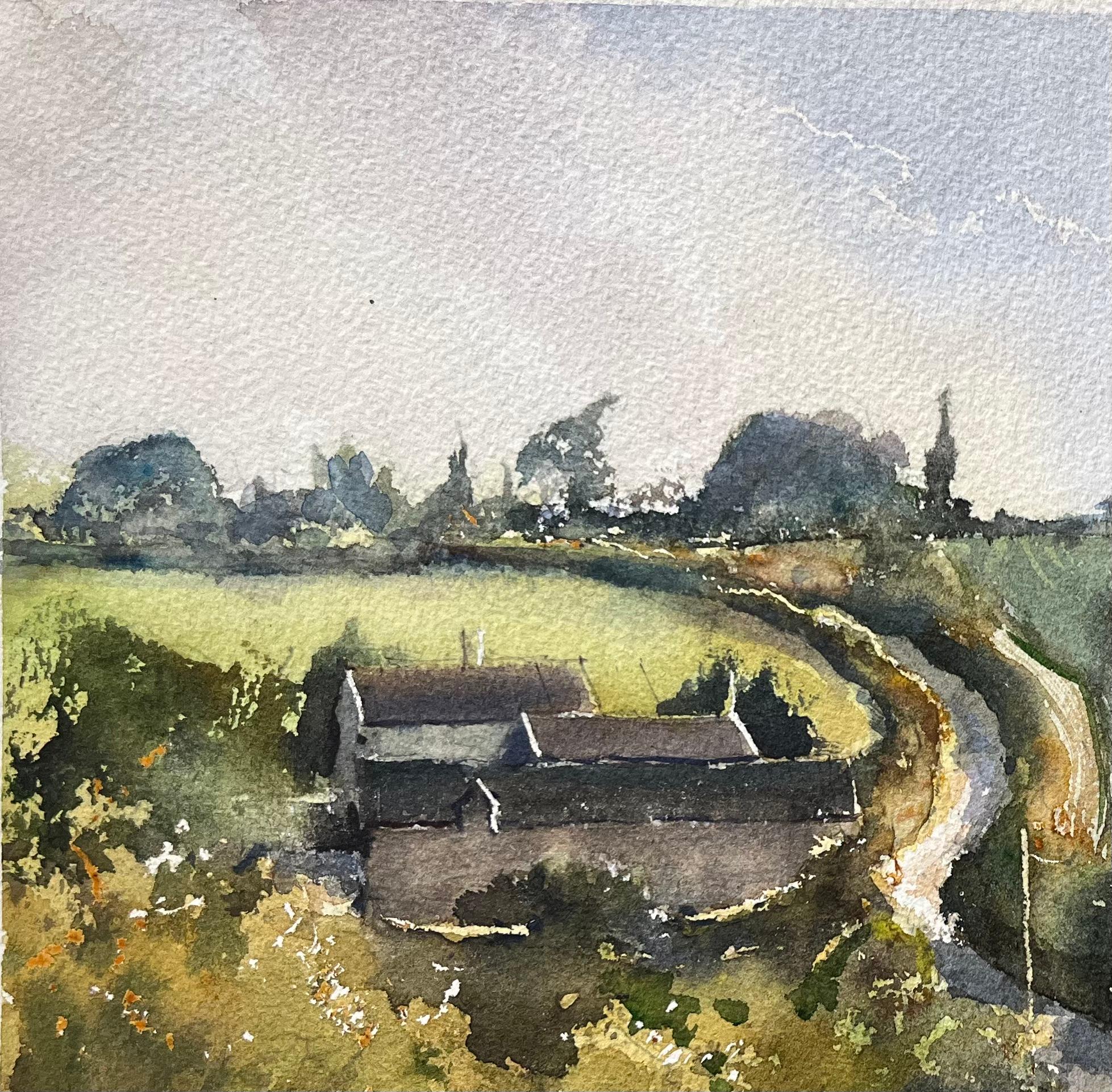 Titel: Britischer Impressionist - Aquarell einer hügeligen Landschaft mit Weg und Häusern
Von Anthony Avery (Brite 1946-2023)
Original-Aquarell auf Künstlerpapier, ungerahmt
Unterschrieben: Ja
Abmessungen: 11,25 x 15,5 Zoll (Höhe x Breite)
Zustand:
