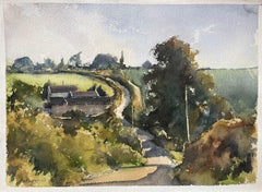 British Impressionist Watercolor of Rolling Landscape with Path and Cottages