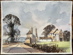 Aquarelle impressionniste britannique représentant des bâtiments de fermes rurales et un paysage
