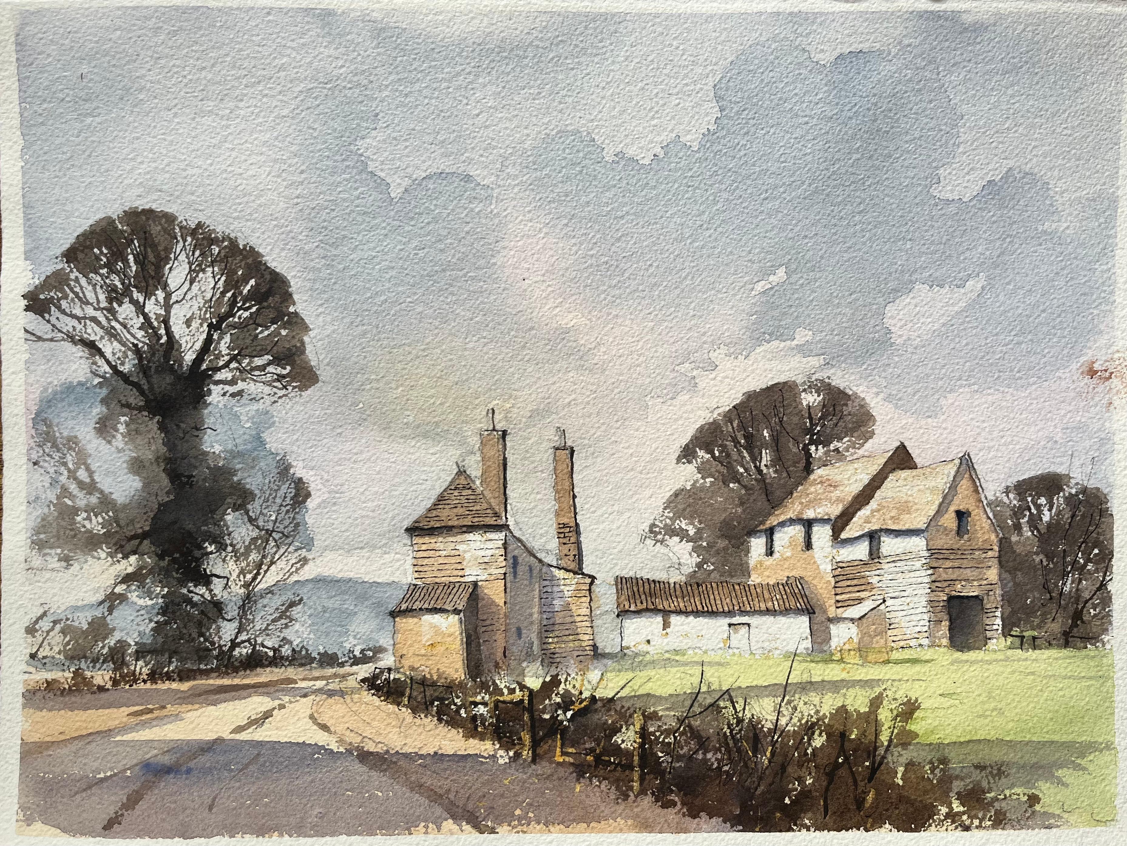 Aquarelle impressionniste britannique représentant des bâtiments de fermes rurales et un paysage