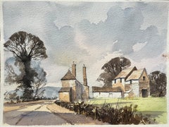 British Impressionist Watercolor of Rural Farm Buildings and Landscape