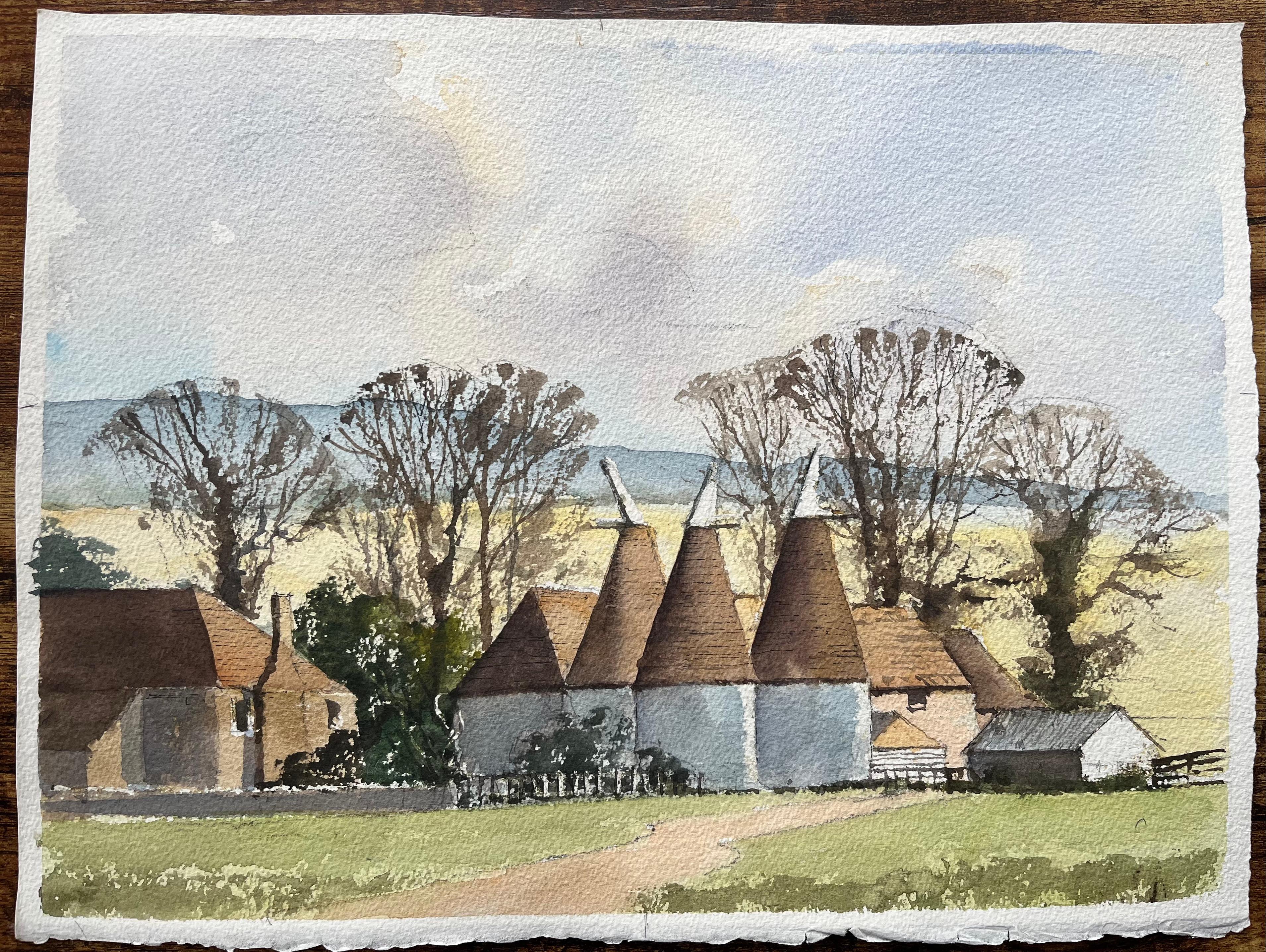Britisches impressionistisches Aquarell eines ländlichen Bauernhofs mit östlichen Häusern – Painting von Anthony Avery