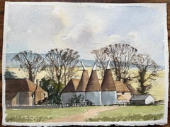 British Impressionist Watercolor of Rural Farm with Oast Houses