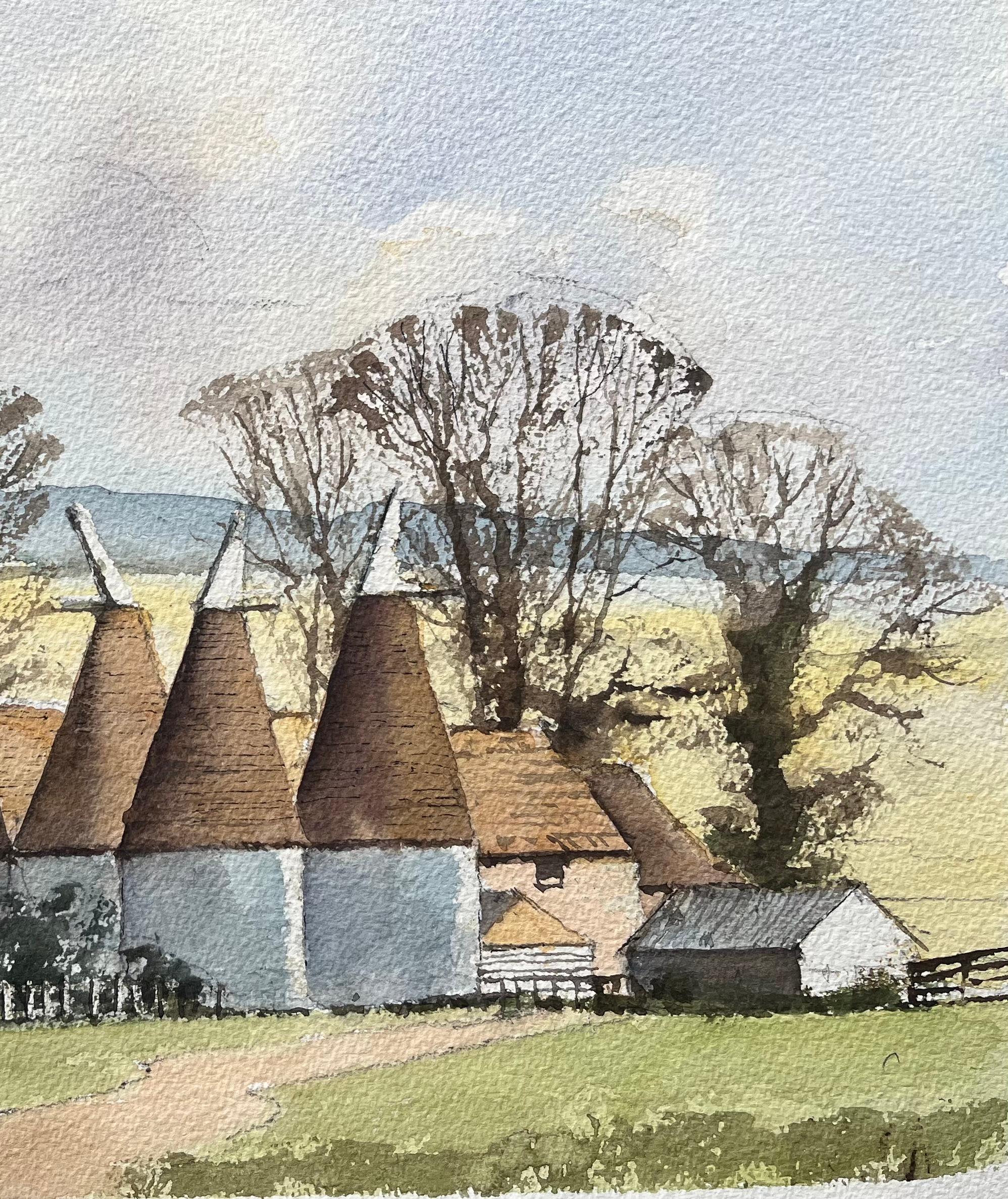 Britisches impressionistisches Aquarell eines ländlichen Bauernhofs mit östlichen Häusern (Impressionismus), Painting, von Anthony Avery